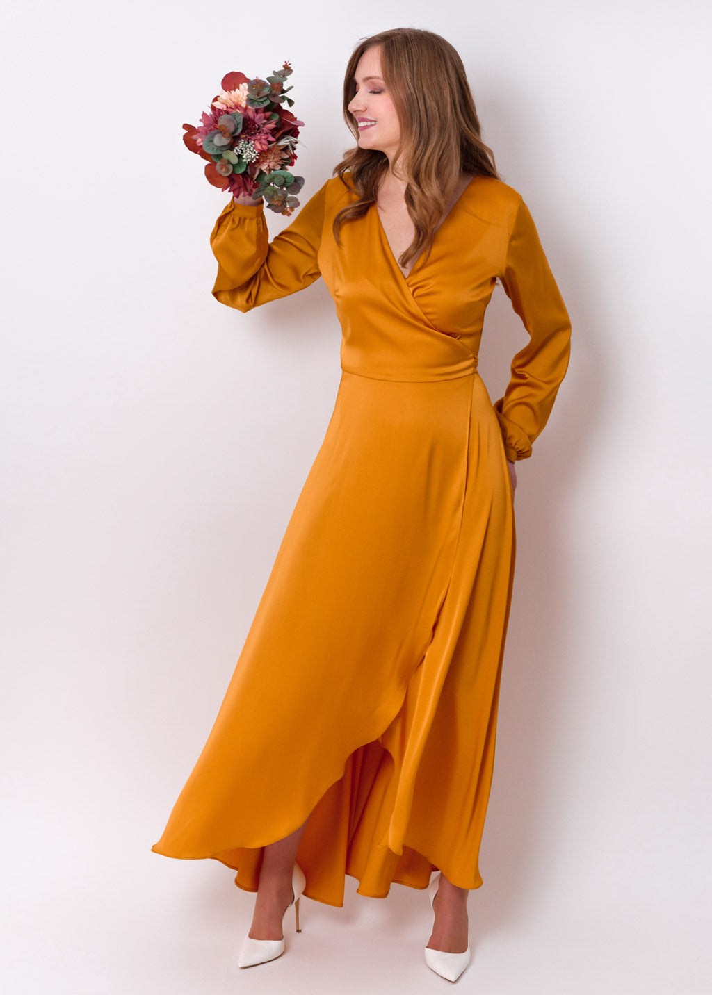 Gold silk long wrap dress