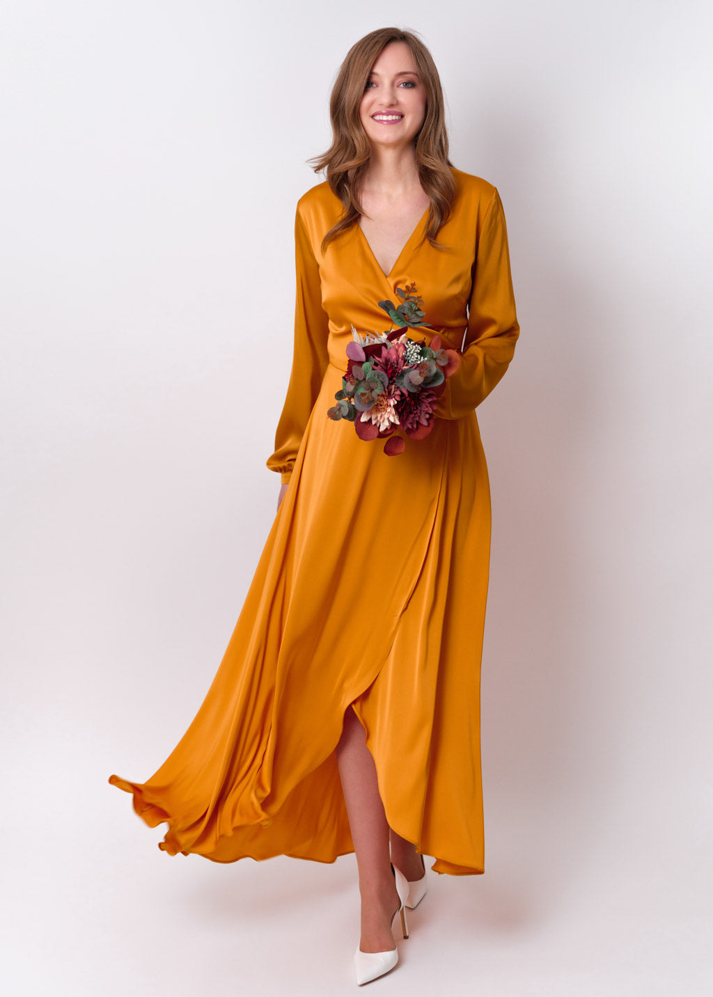 Gold silk long wrap dress