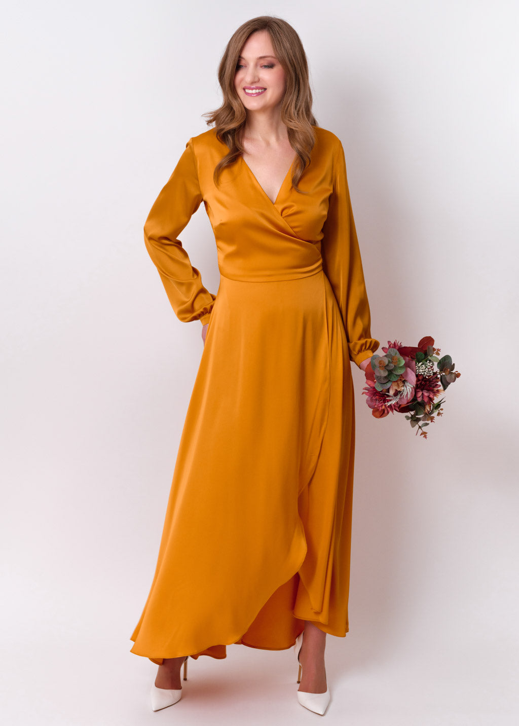 Gold silk long wrap dress