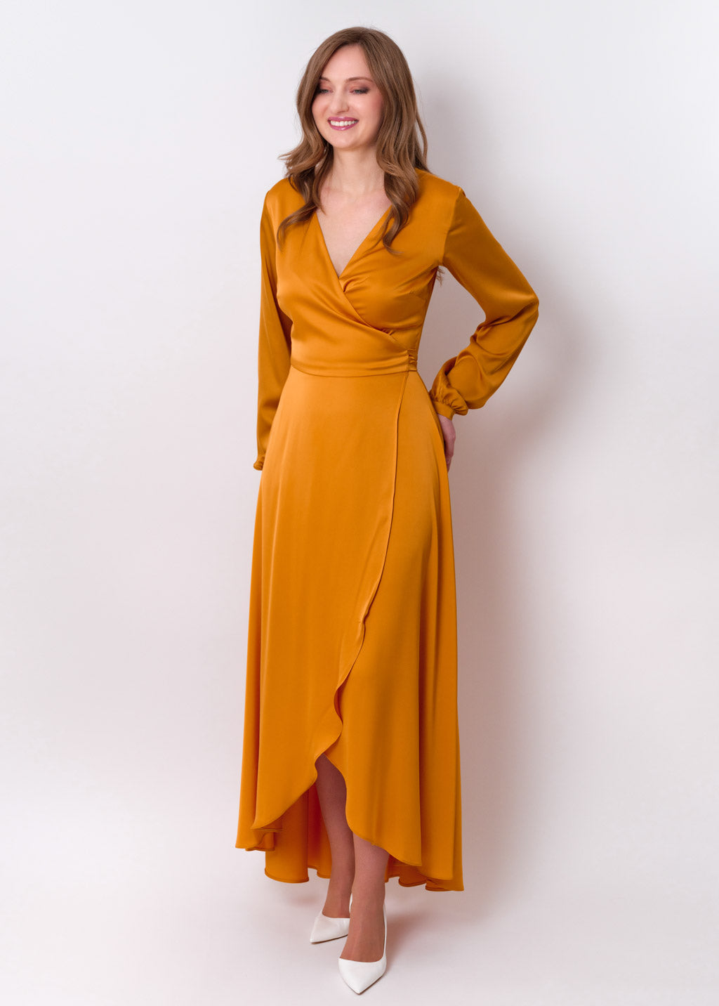 Gold silk long wrap dress