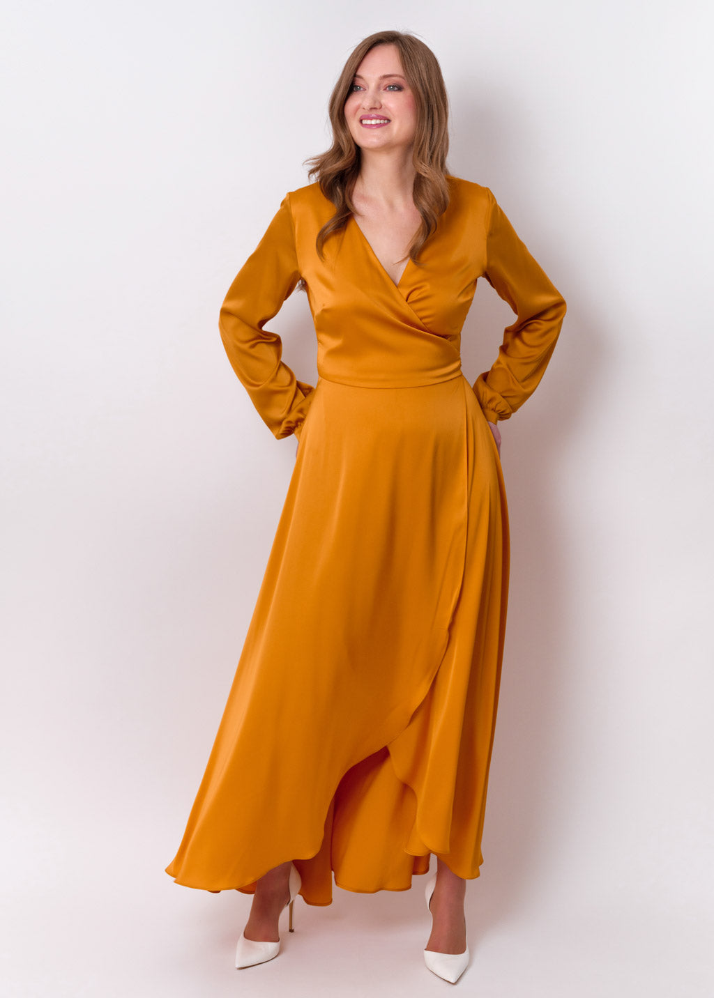 Gold silk long wrap dress