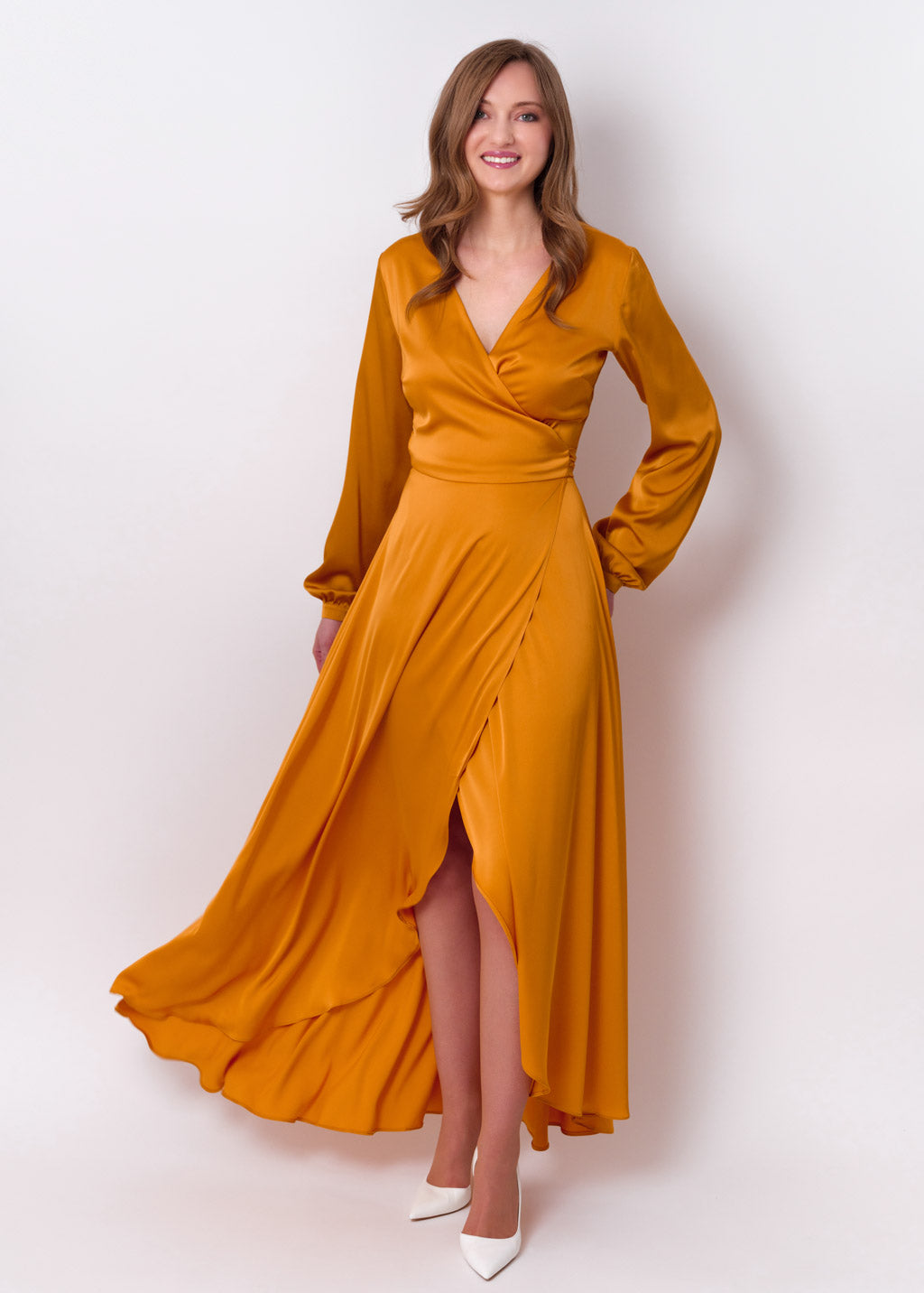Gold silk long wrap dress