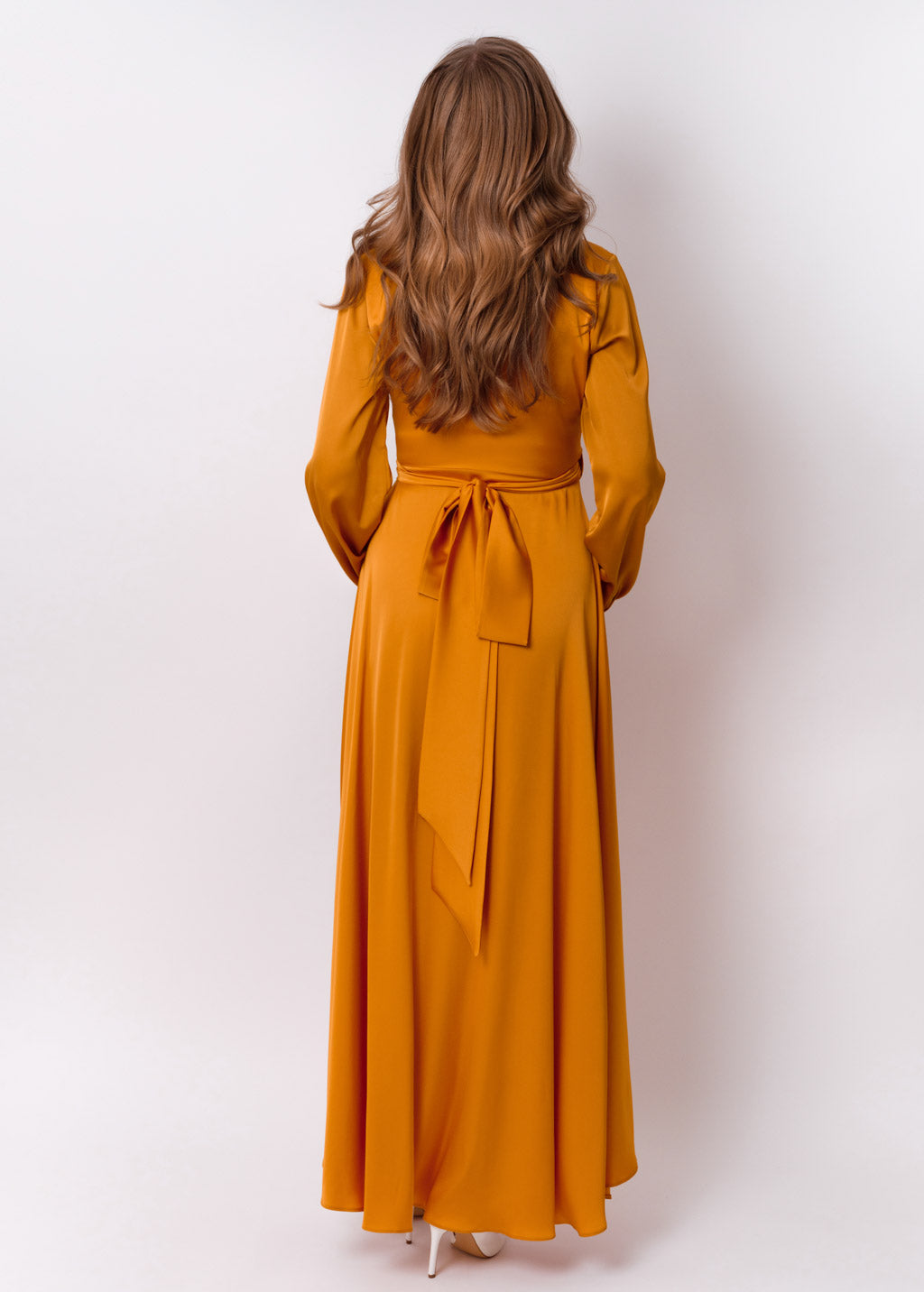 Gold silk long wrap dress