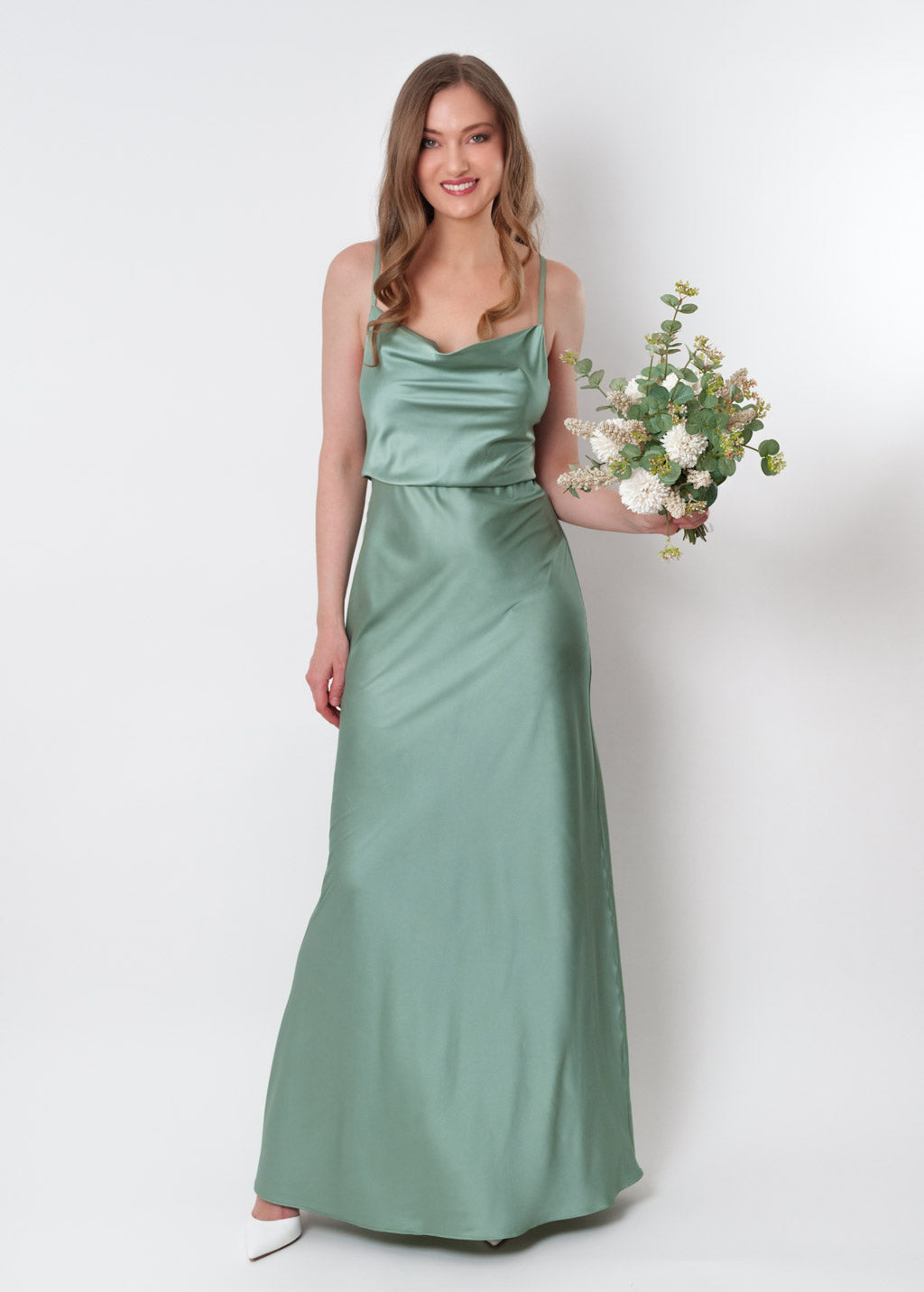Sage green silk slip dress