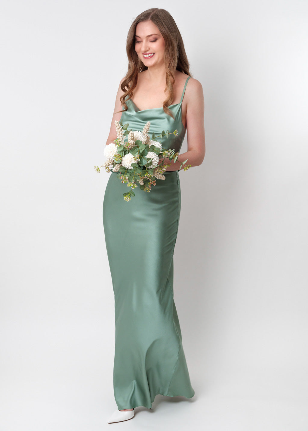 Sage green silk slip dress
