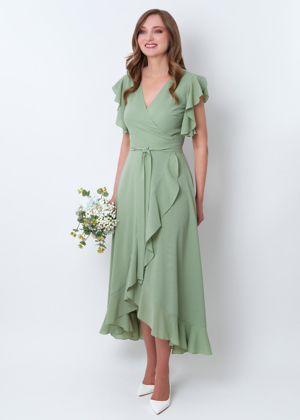 Sage green chiffon wrap dress