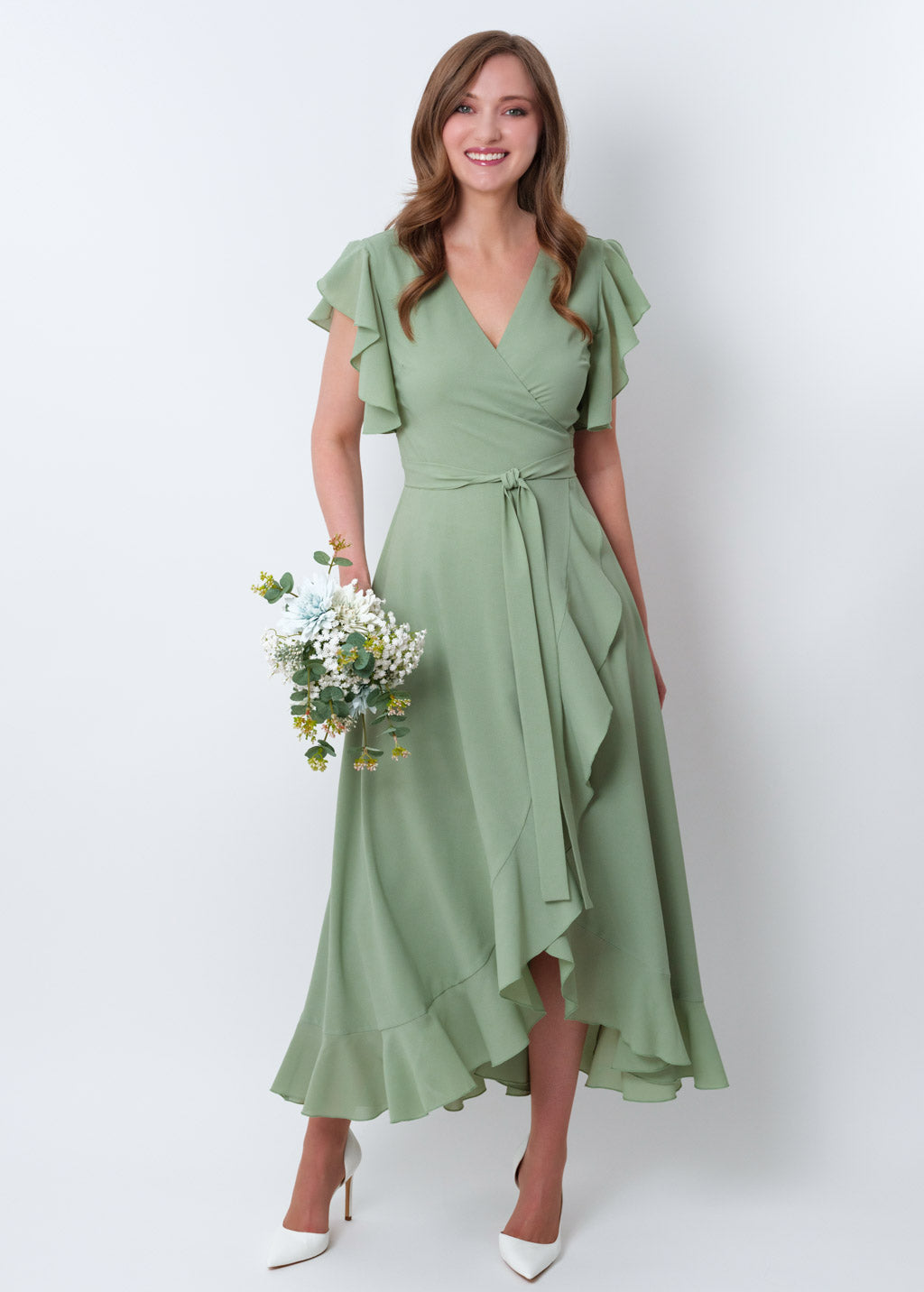 Sage green chiffon wrap dress