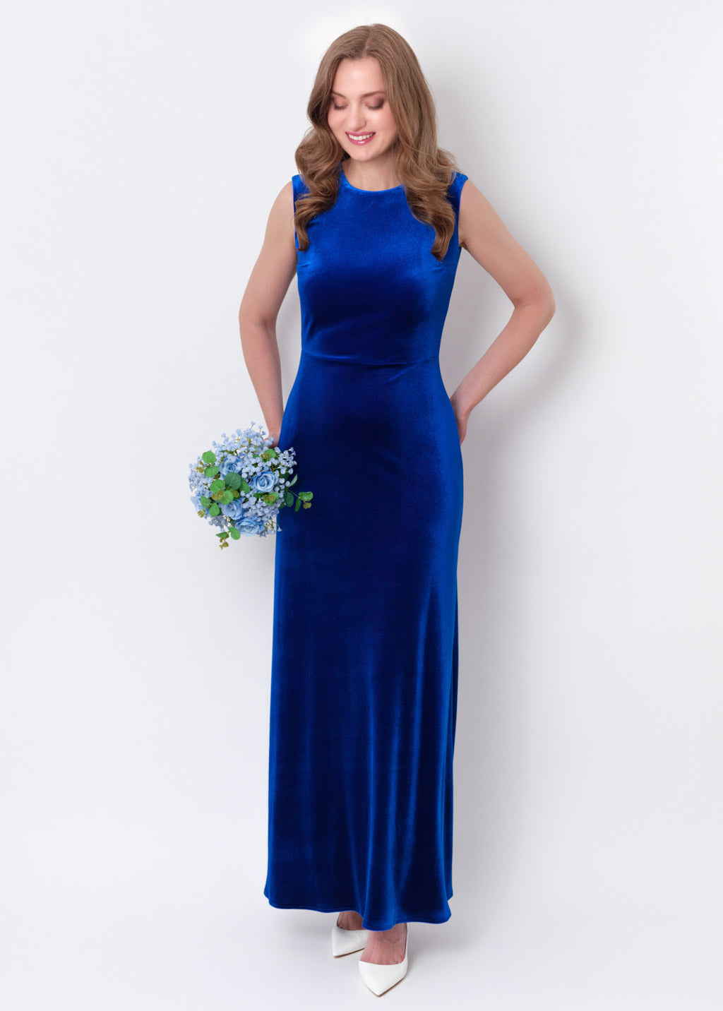 Royal blue velvet long pencil dress