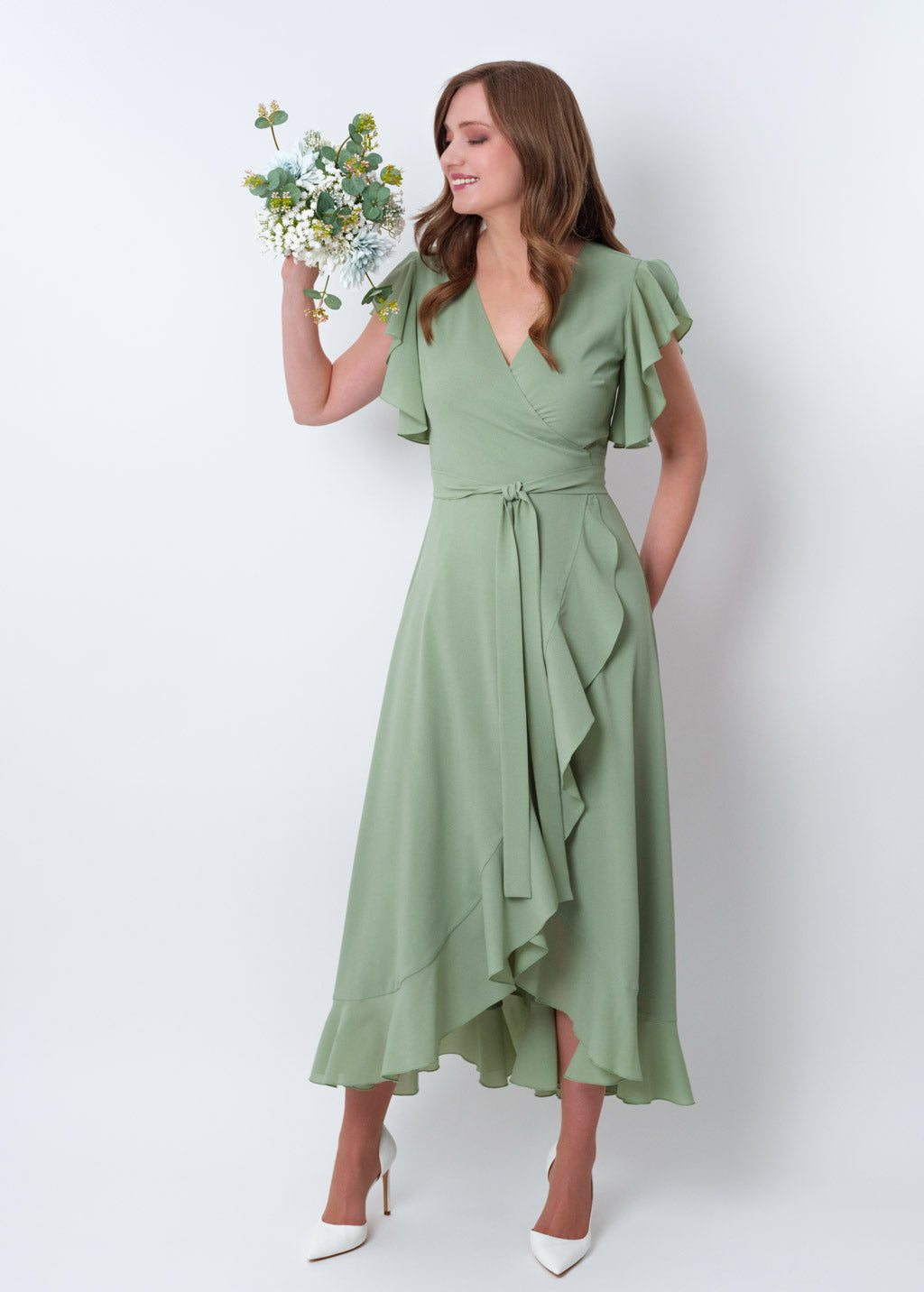 Sage green chiffon wrap dress