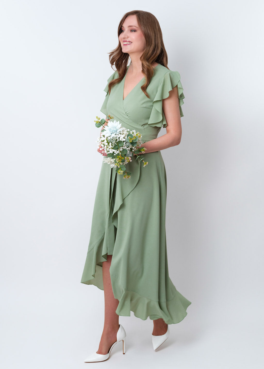 Sage green chiffon wrap dress