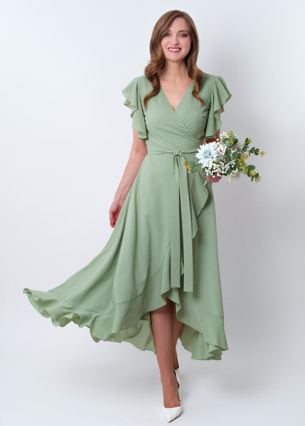 Sage green chiffon wrap dress