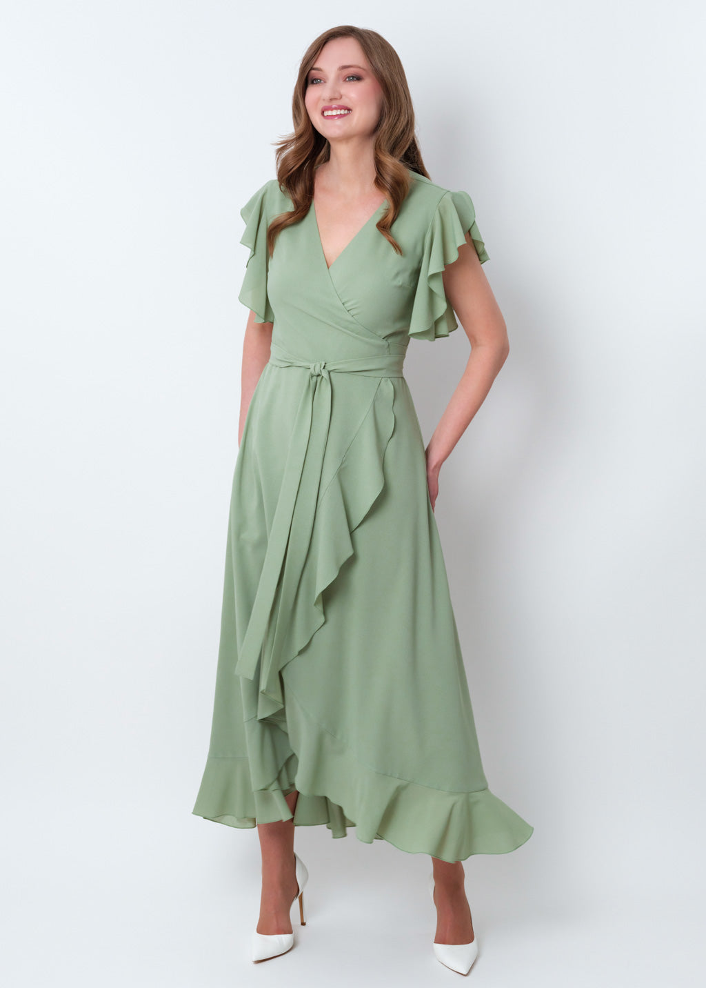 Sage green chiffon wrap dress