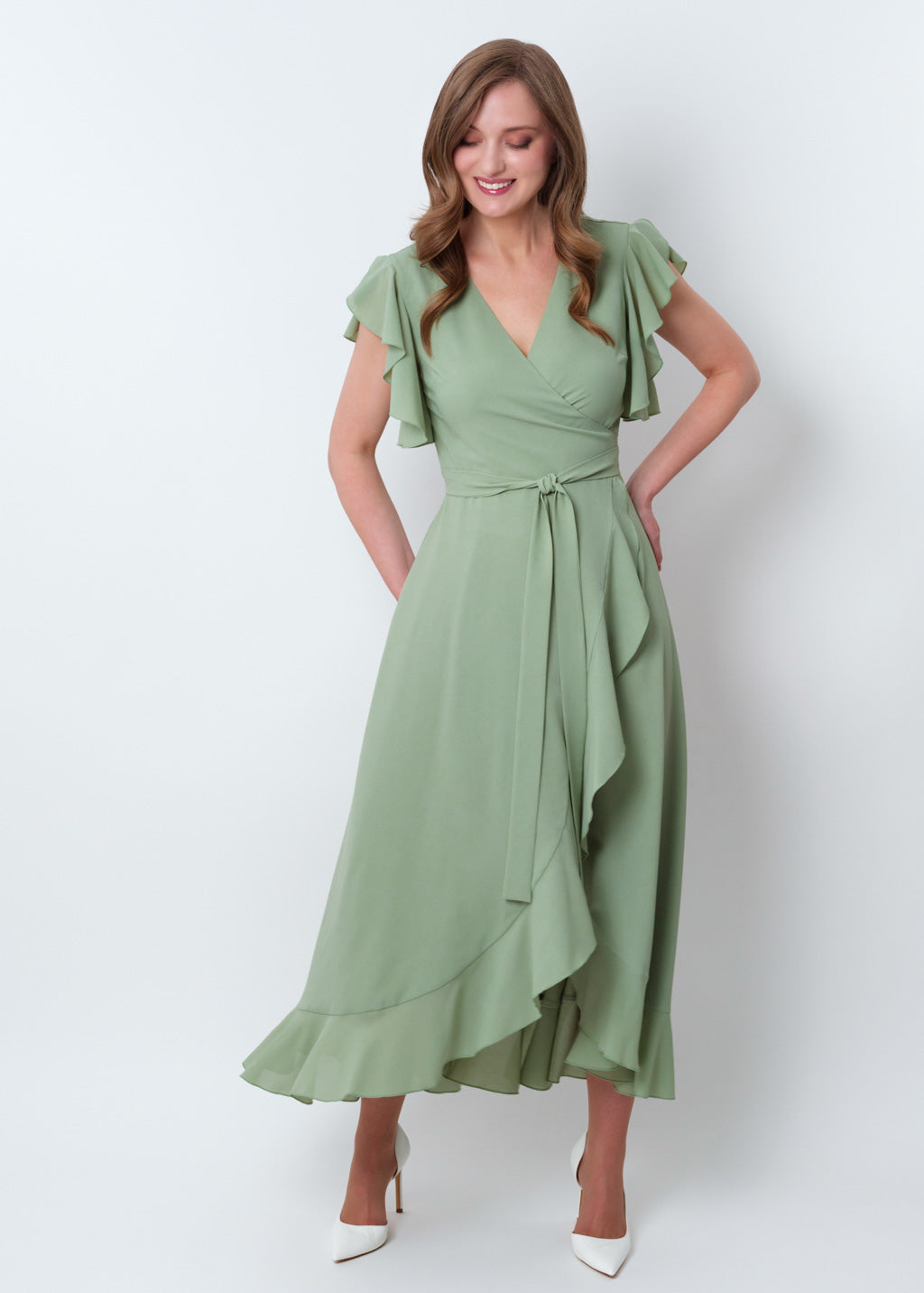 Sage green chiffon wrap dress