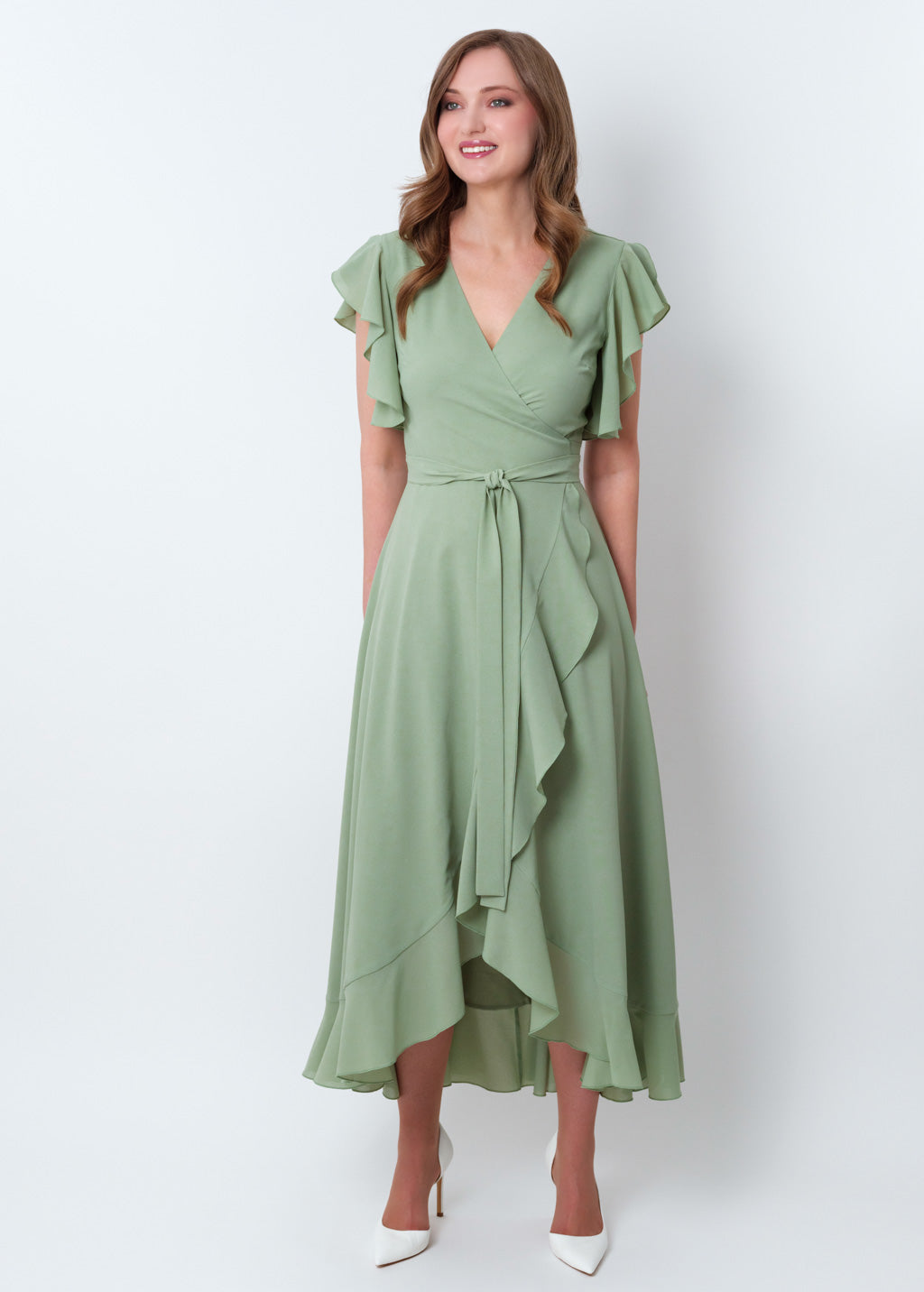Sage green chiffon wrap dress