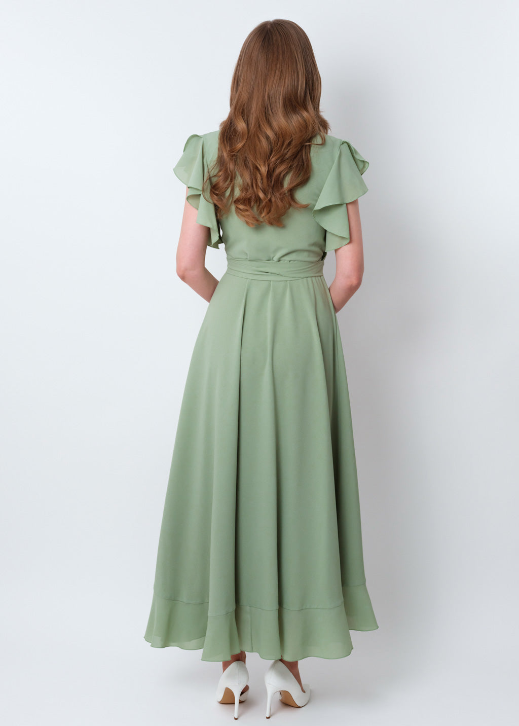 Sage green chiffon wrap dress