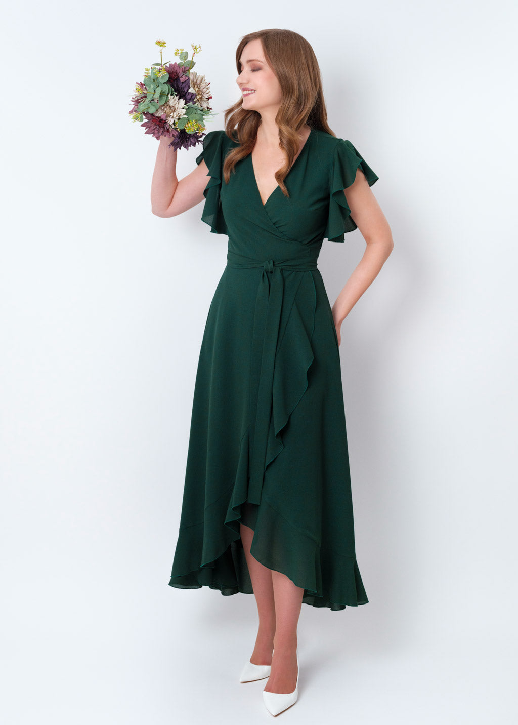 Dark green chiffon wrap dress