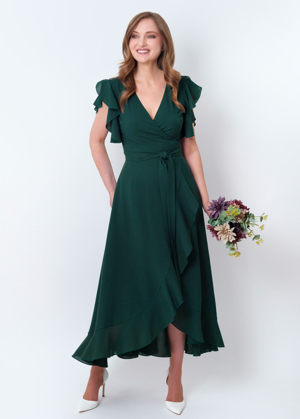 Dark green chiffon wrap dress