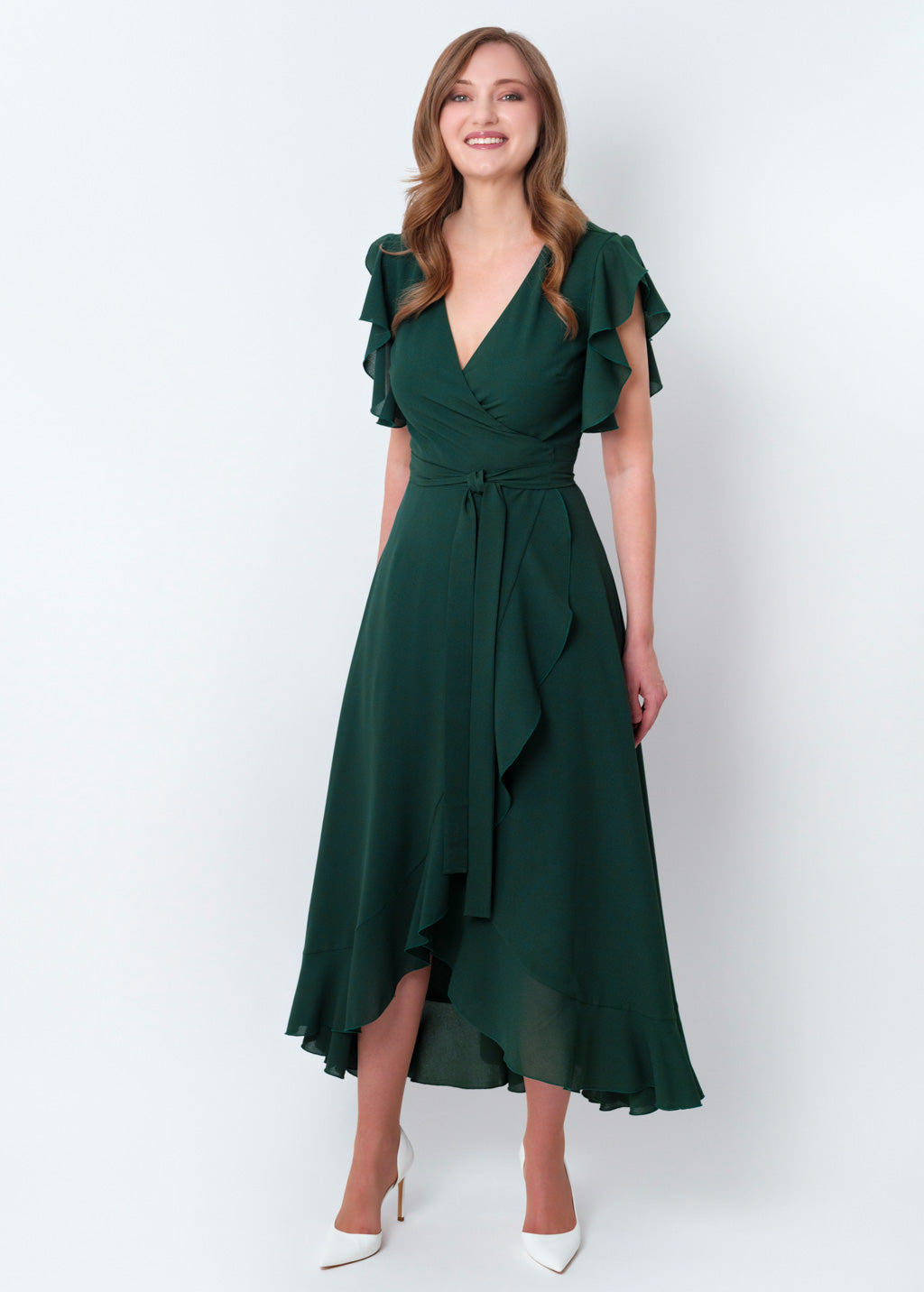 Dark green chiffon wrap dress