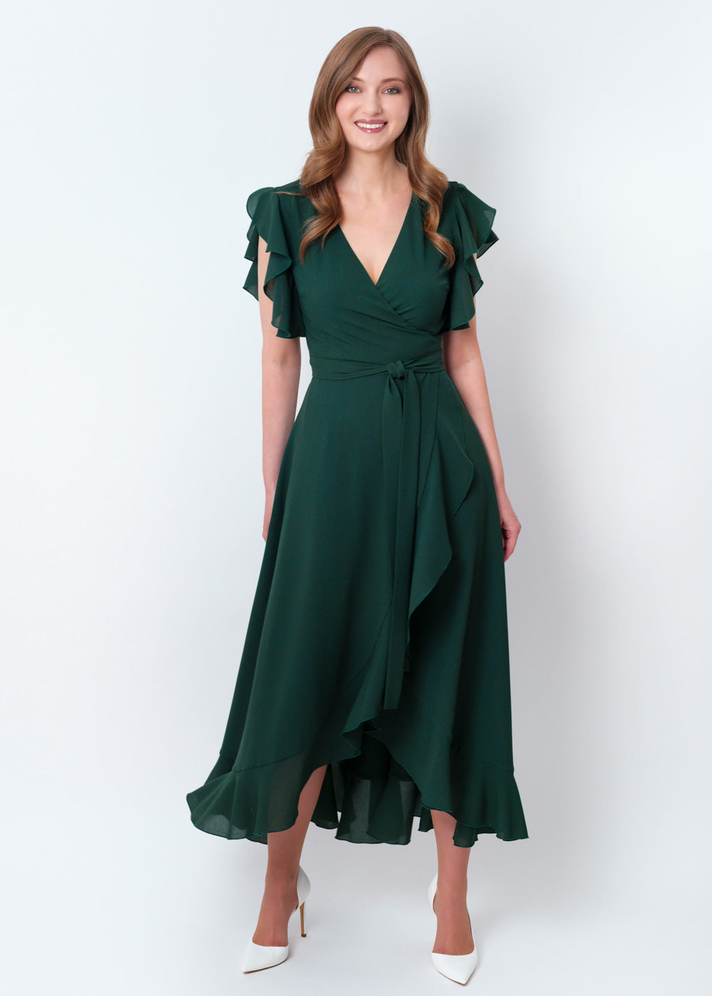 Dark green chiffon wrap dress