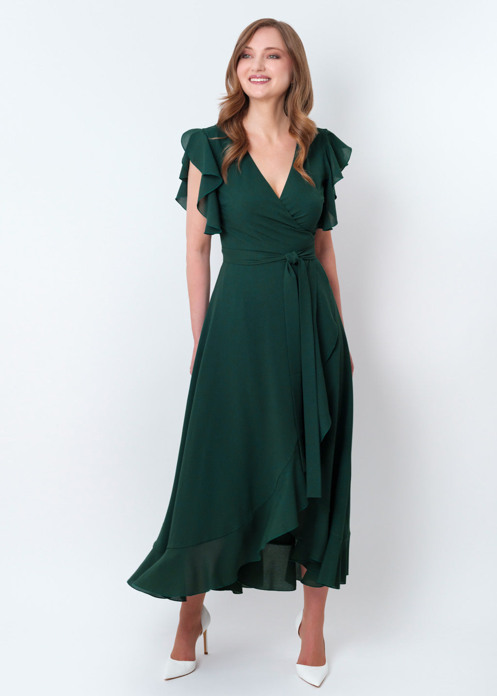 Dark green chiffon wrap dress