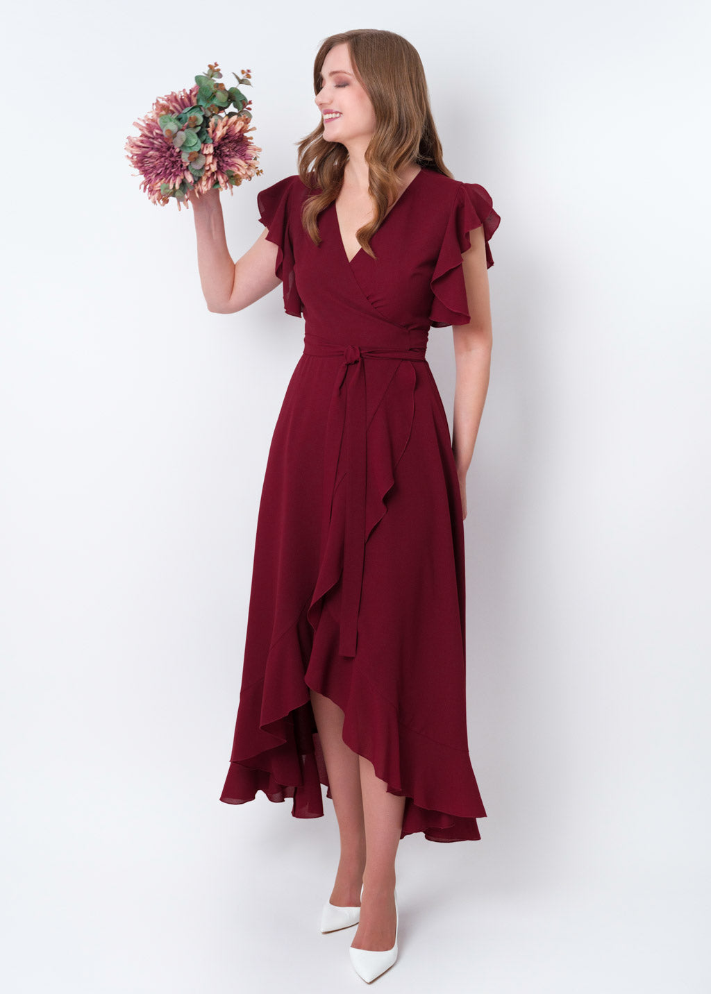 Burgundy chiffon wrap dress