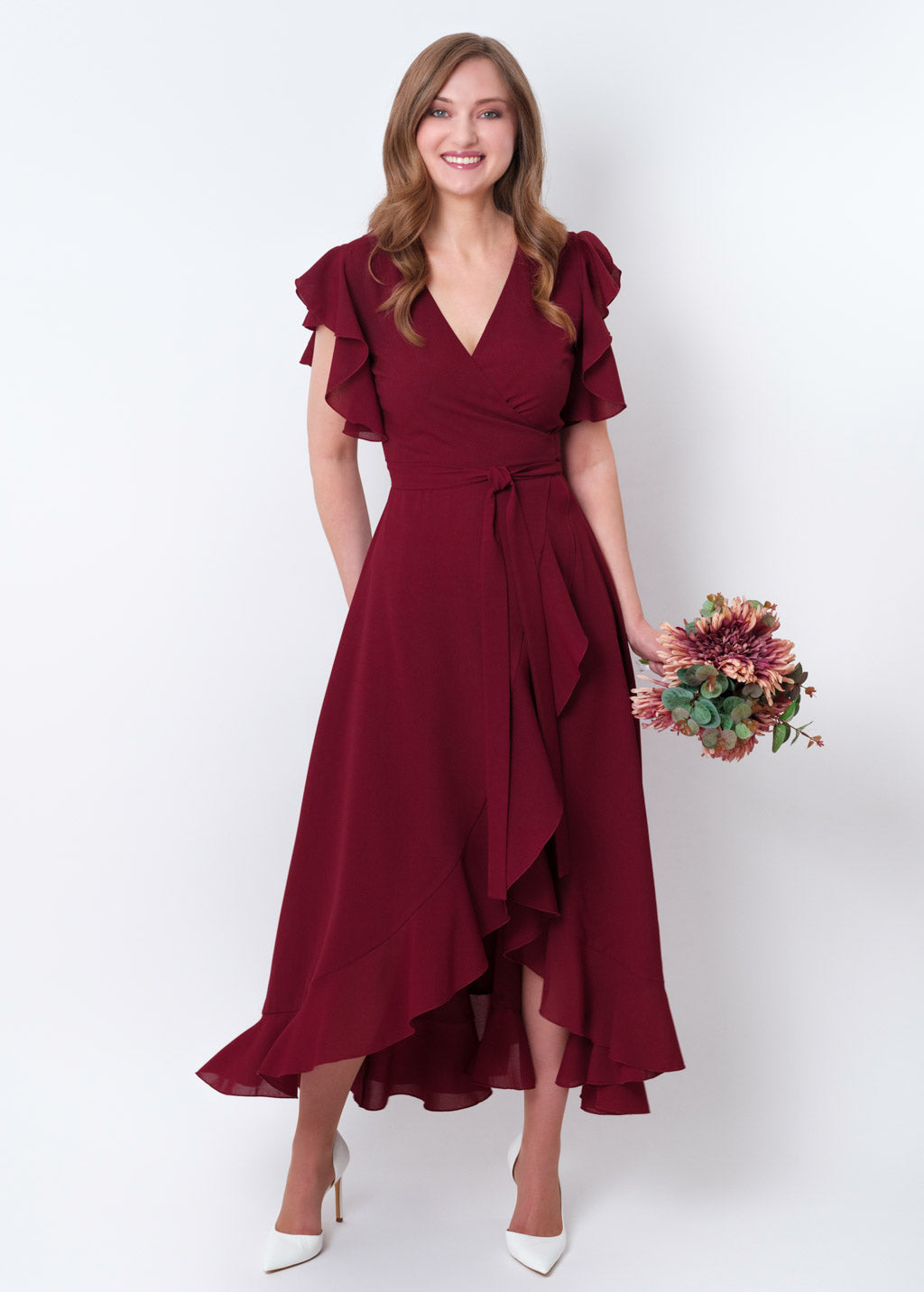 Burgundy chiffon wrap dress