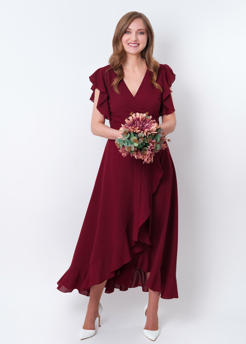 Burgundy chiffon wrap dress