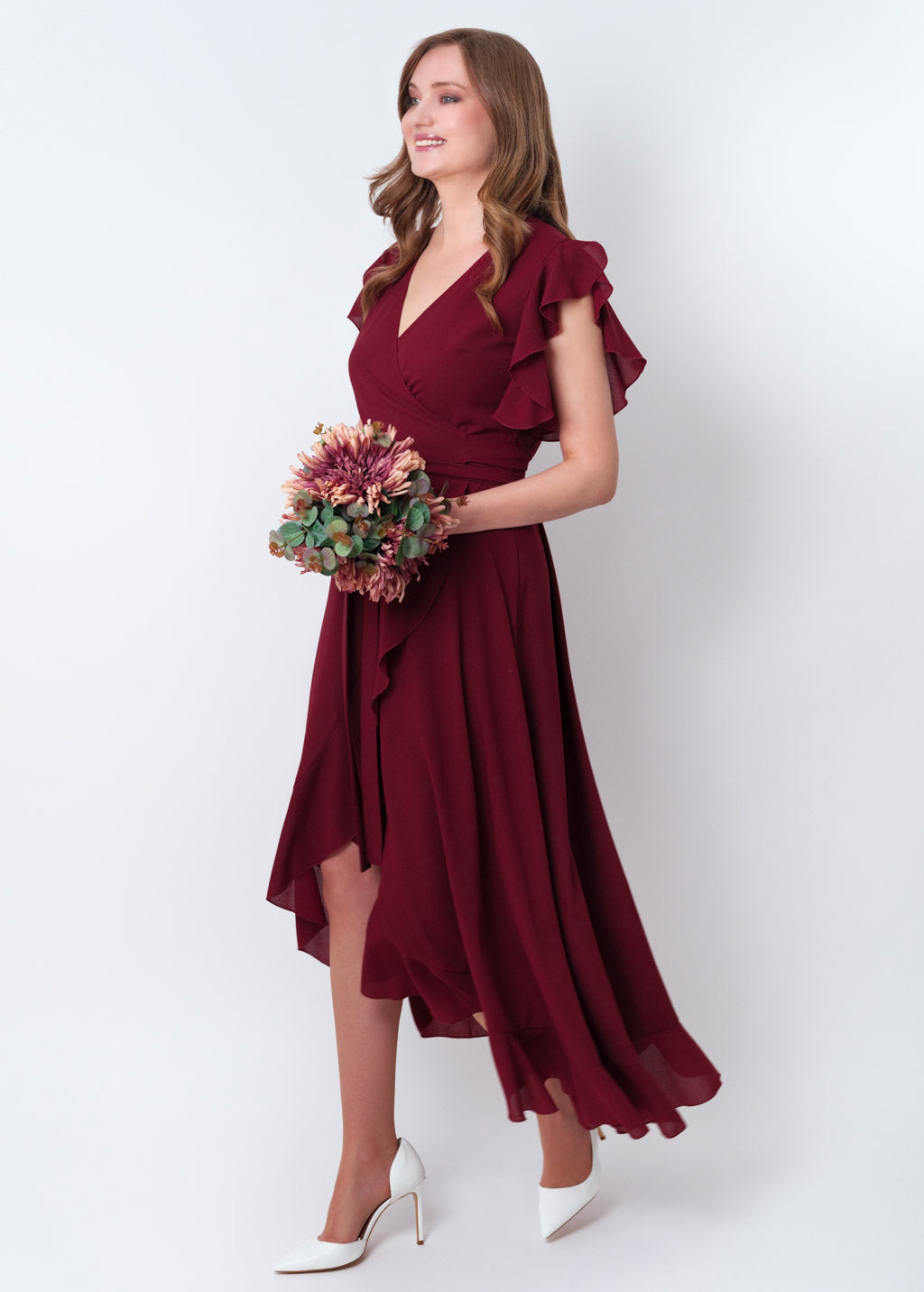 Burgundy chiffon wrap dress