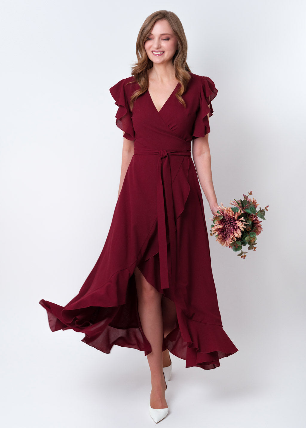 Burgundy chiffon wrap dress