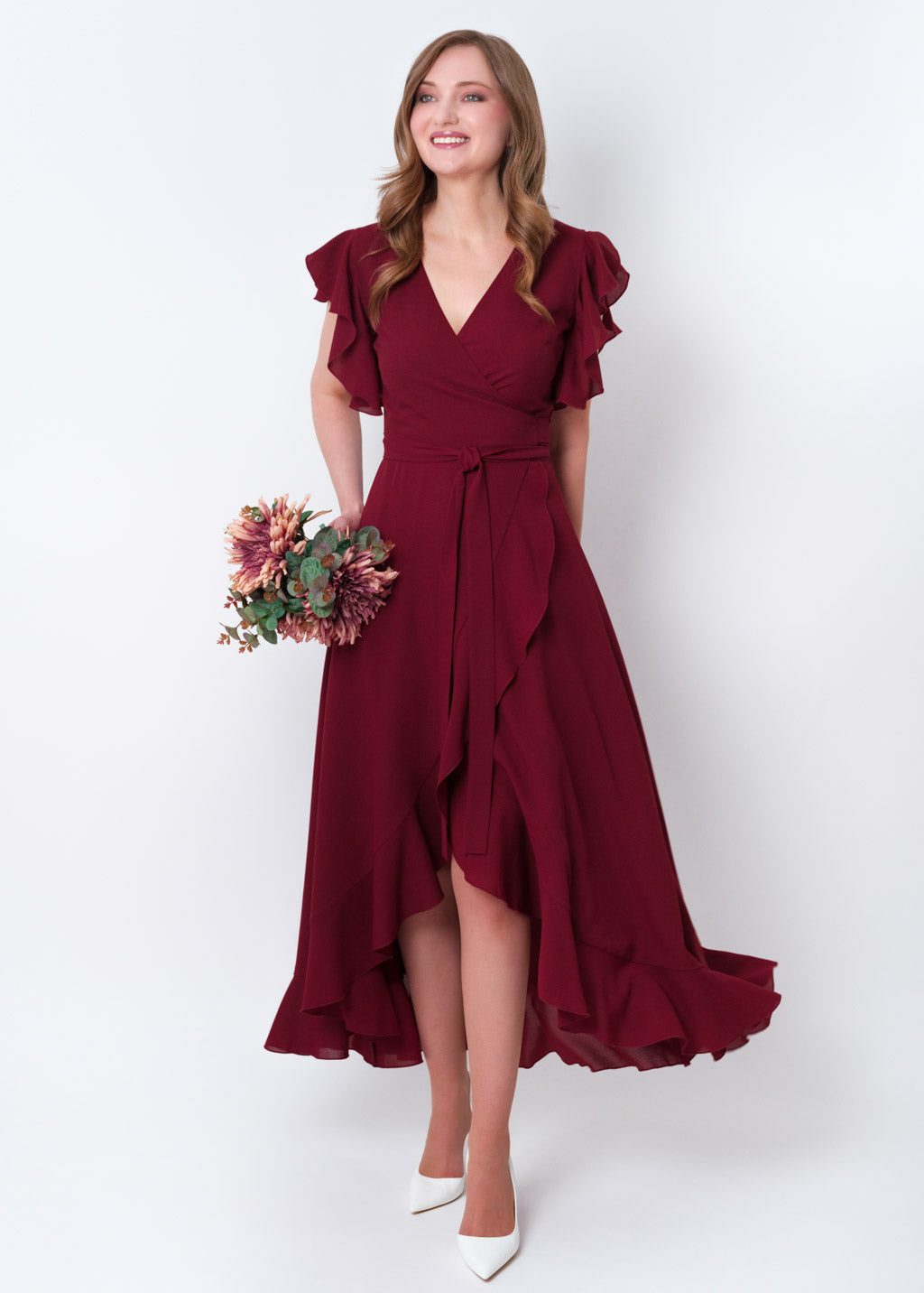 Burgundy chiffon wrap dress