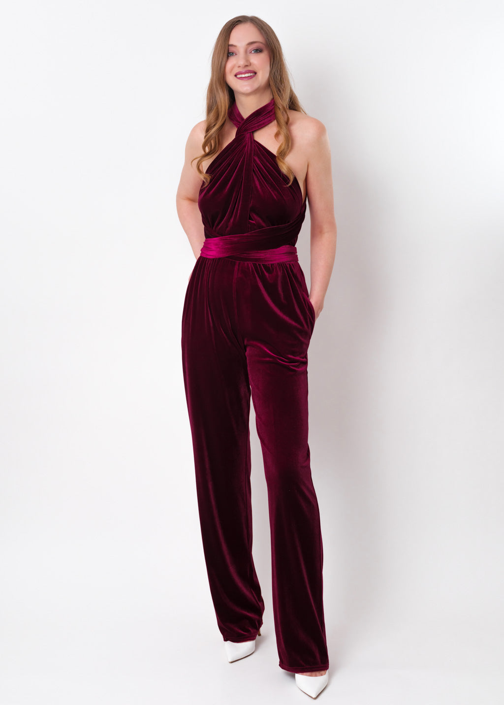 Plum burgundy velvet infinity jumpsuit