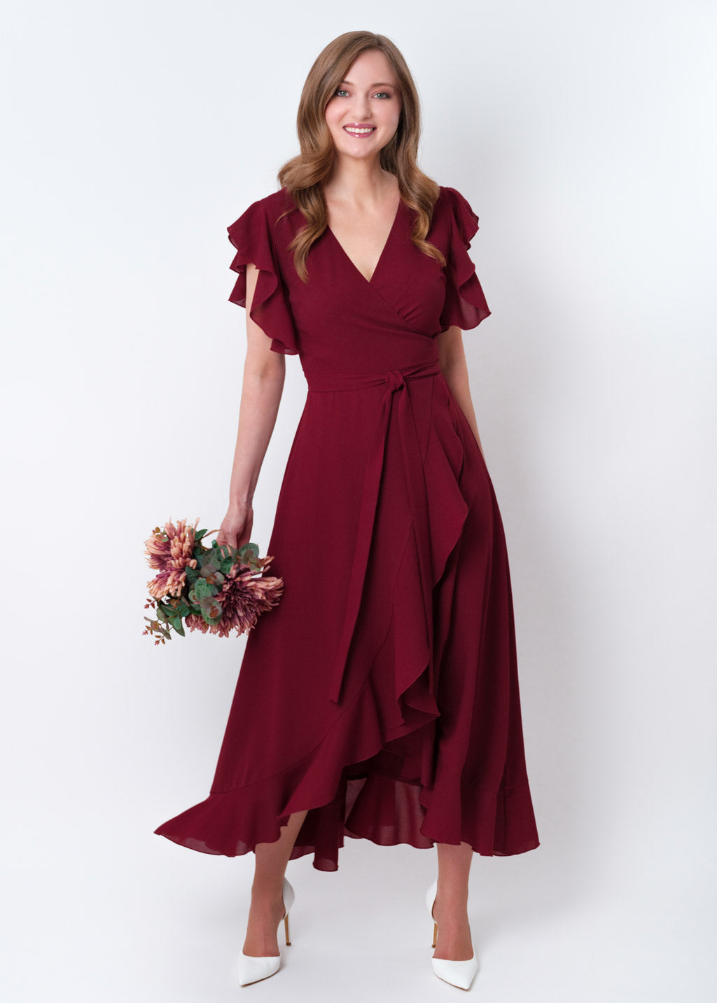 Burgundy chiffon wrap dress