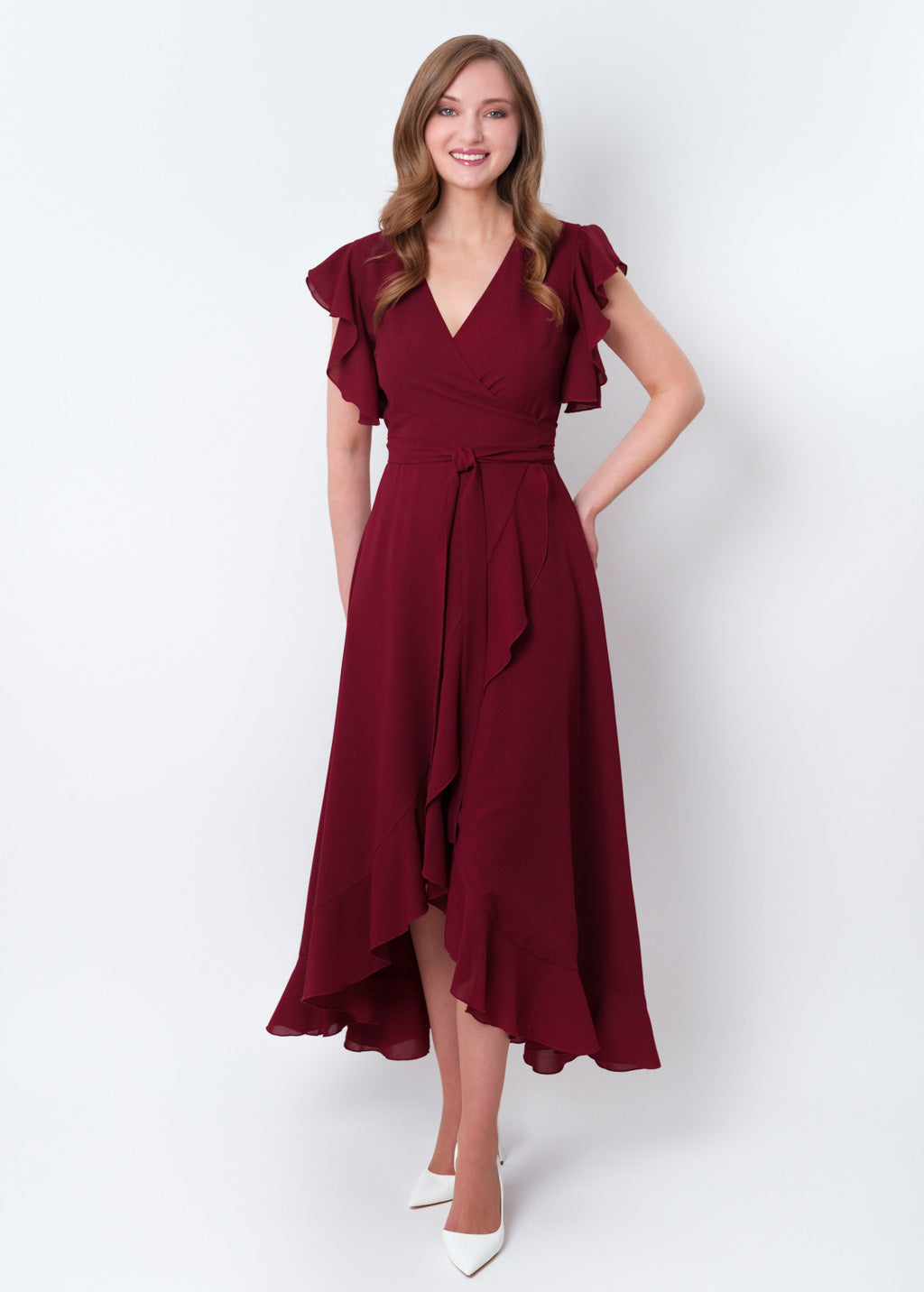 Burgundy chiffon wrap dress