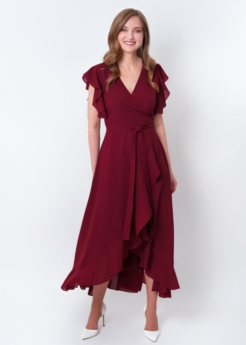 Burgundy chiffon wrap dress
