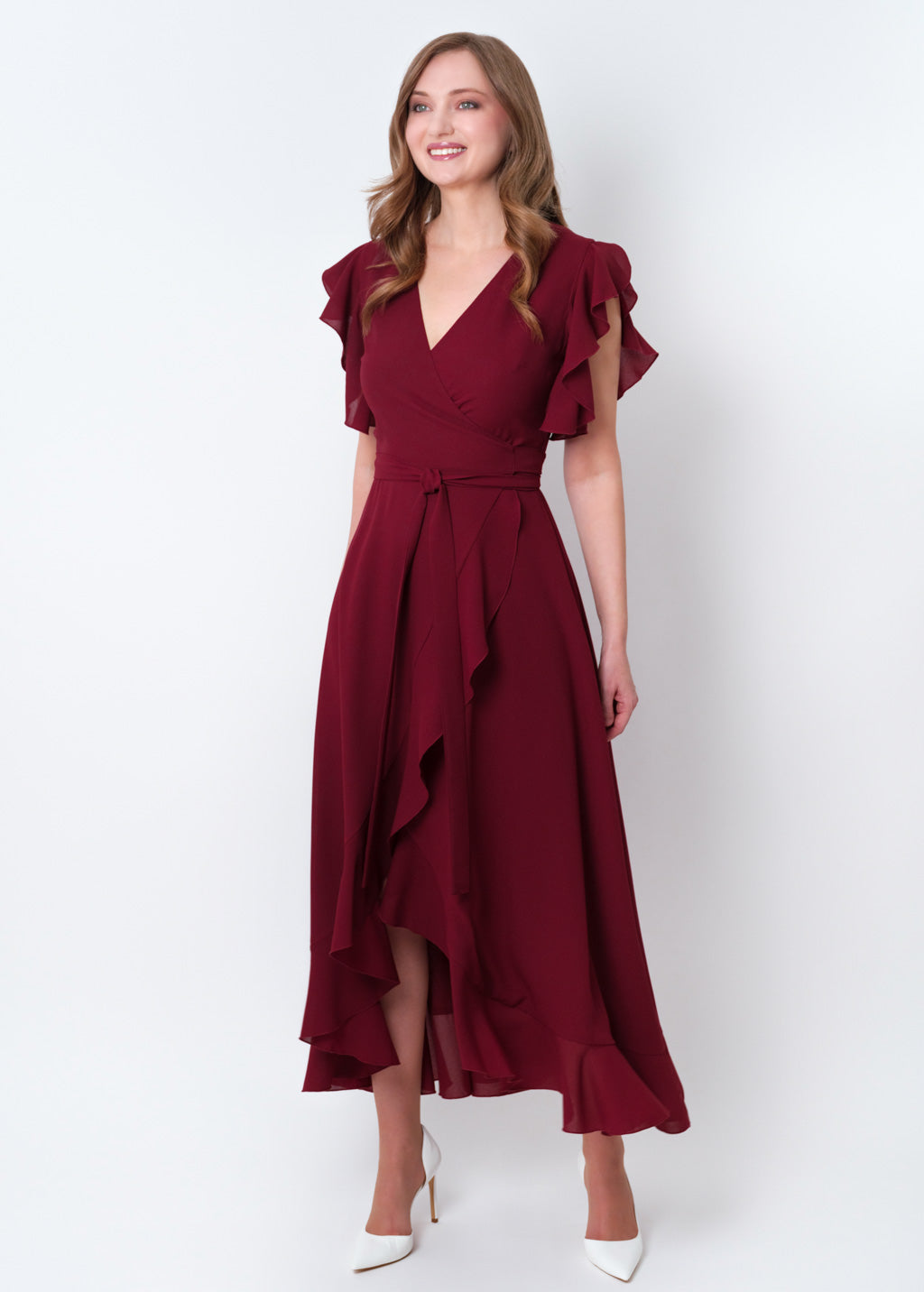Burgundy chiffon wrap dress