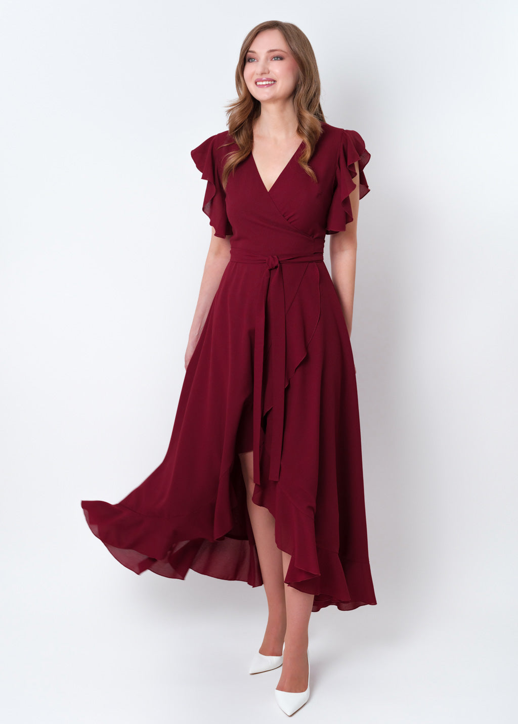 Burgundy chiffon wrap dress