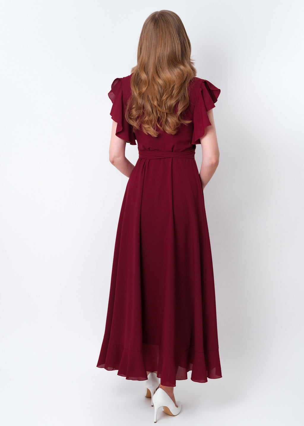 Burgundy chiffon wrap dress