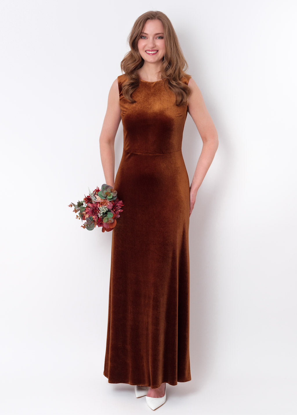Rust gold velvet long pencil dress
