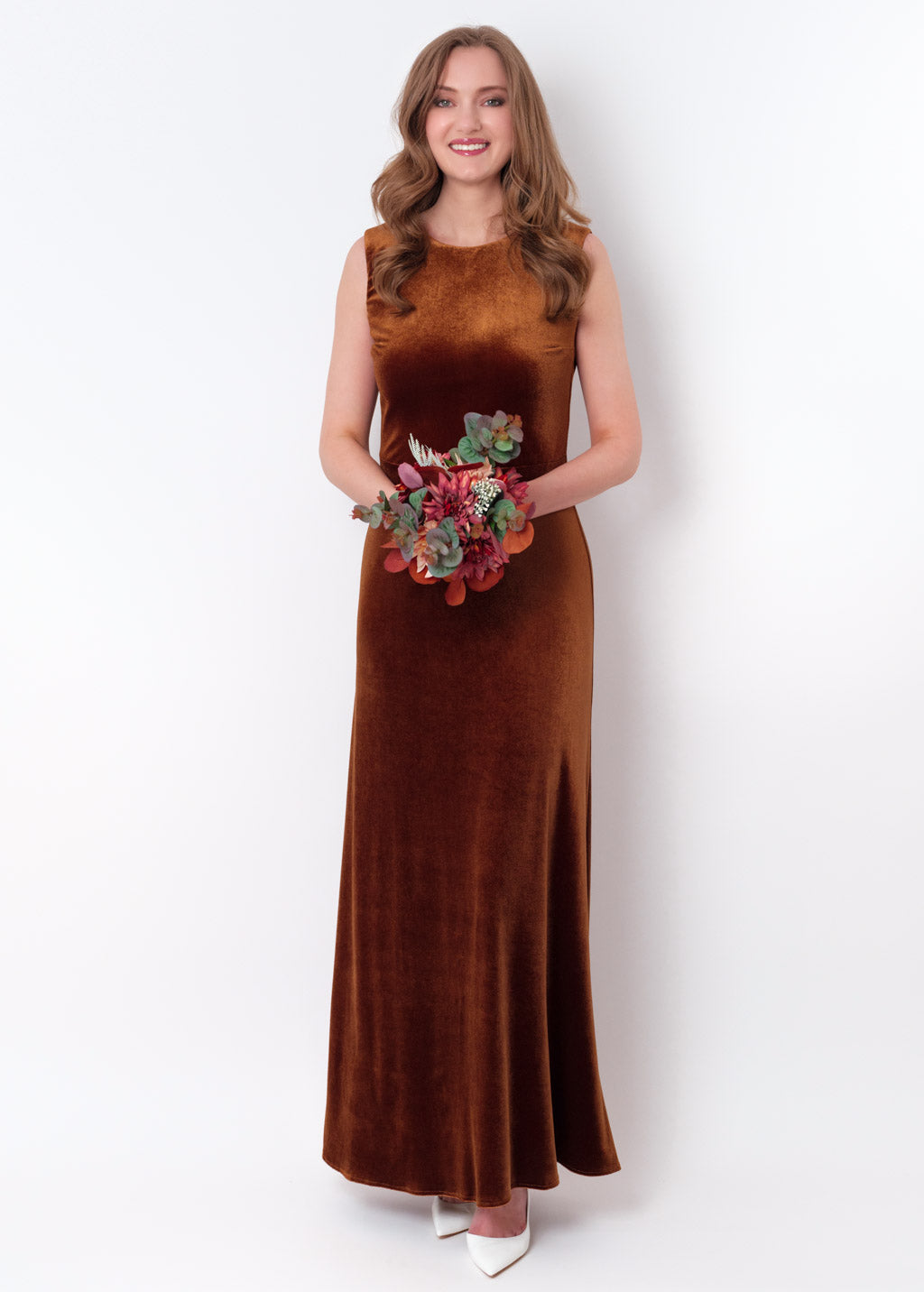 Rust gold velvet long pencil dress