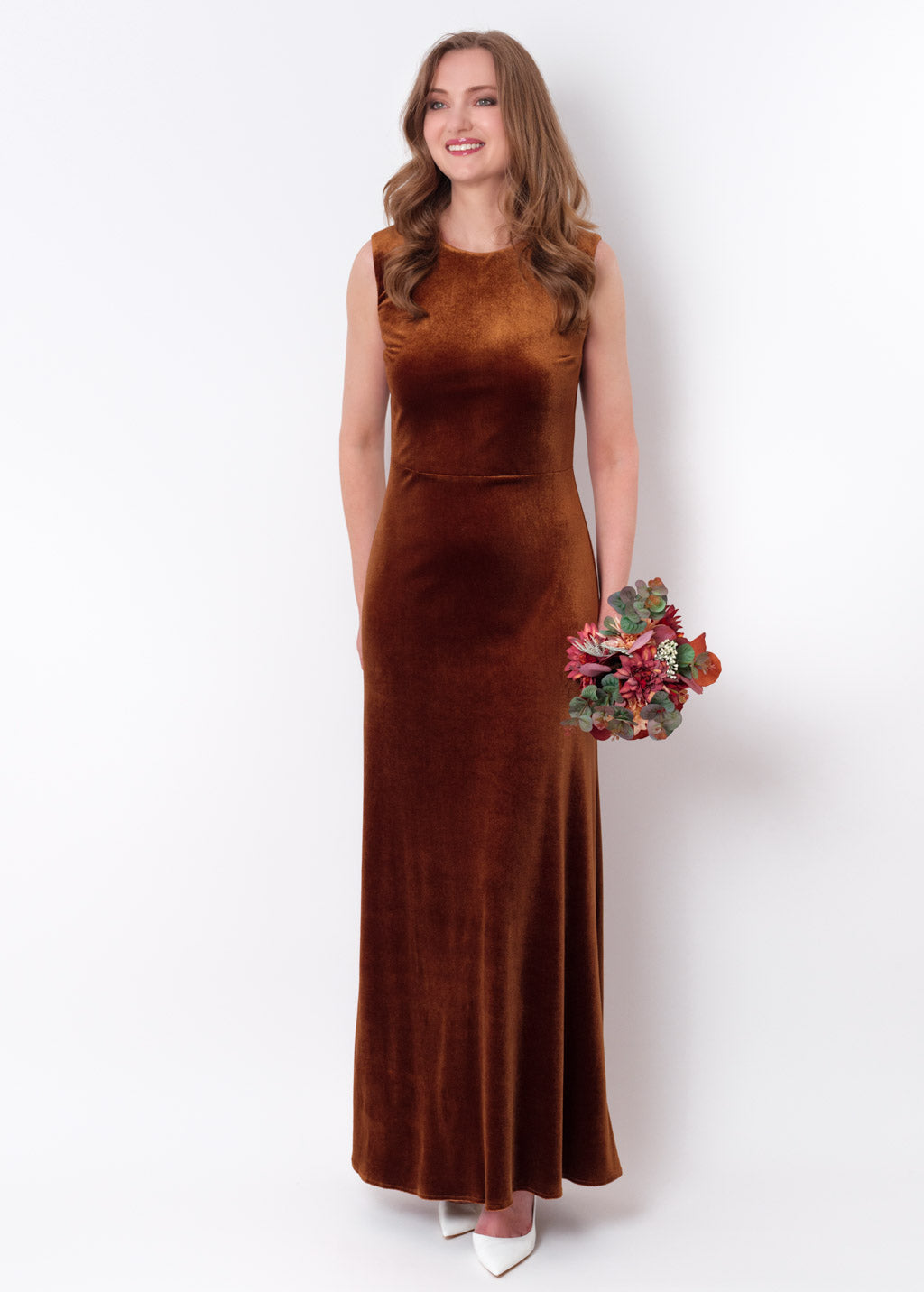 Rust gold velvet long pencil dress