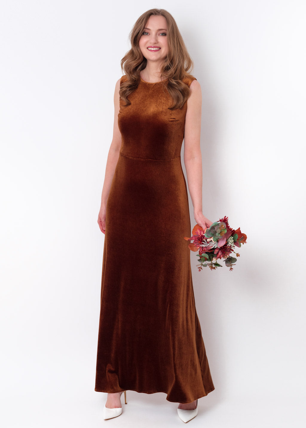 Rust gold velvet long pencil dress