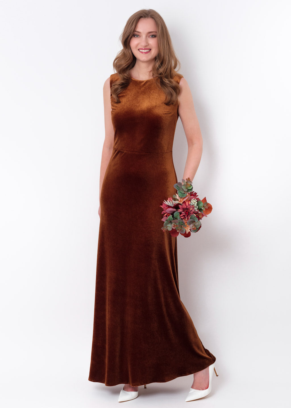 Rust gold velvet long pencil dress