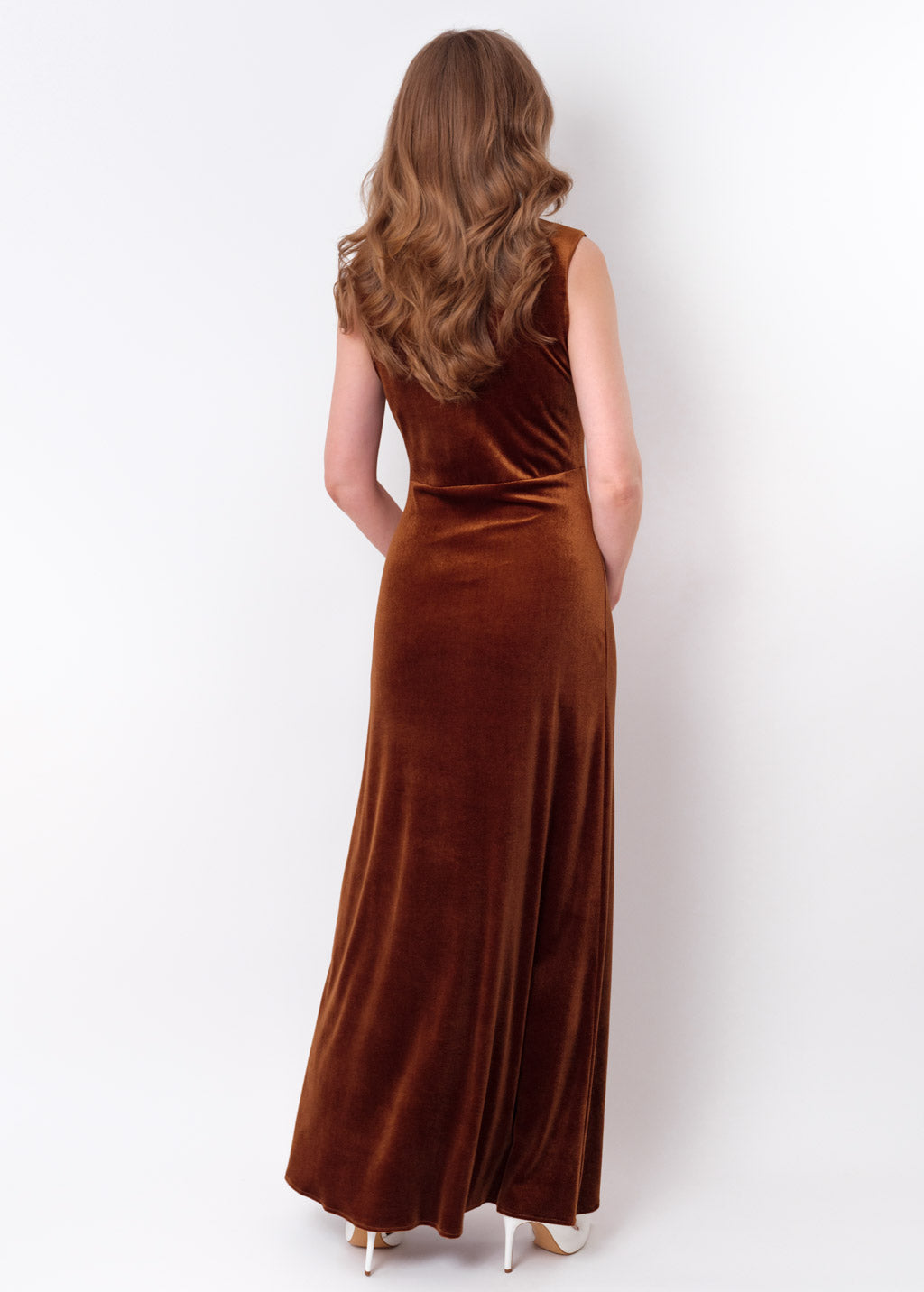 Rust gold velvet long pencil dress
