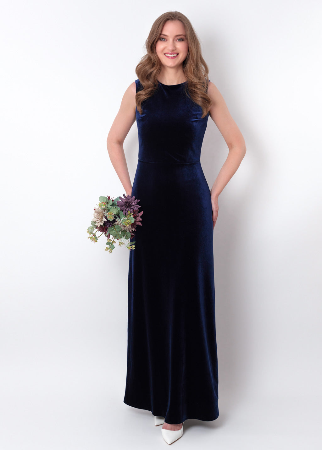 Navy blue velvet long pencil dress