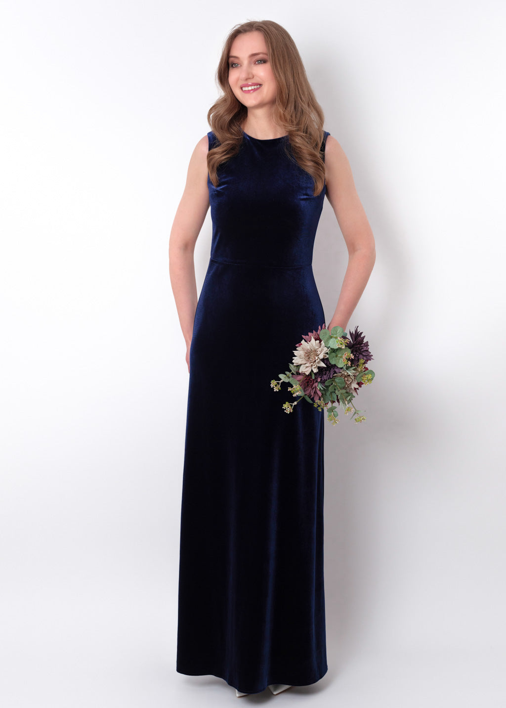 Navy blue velvet long pencil dress