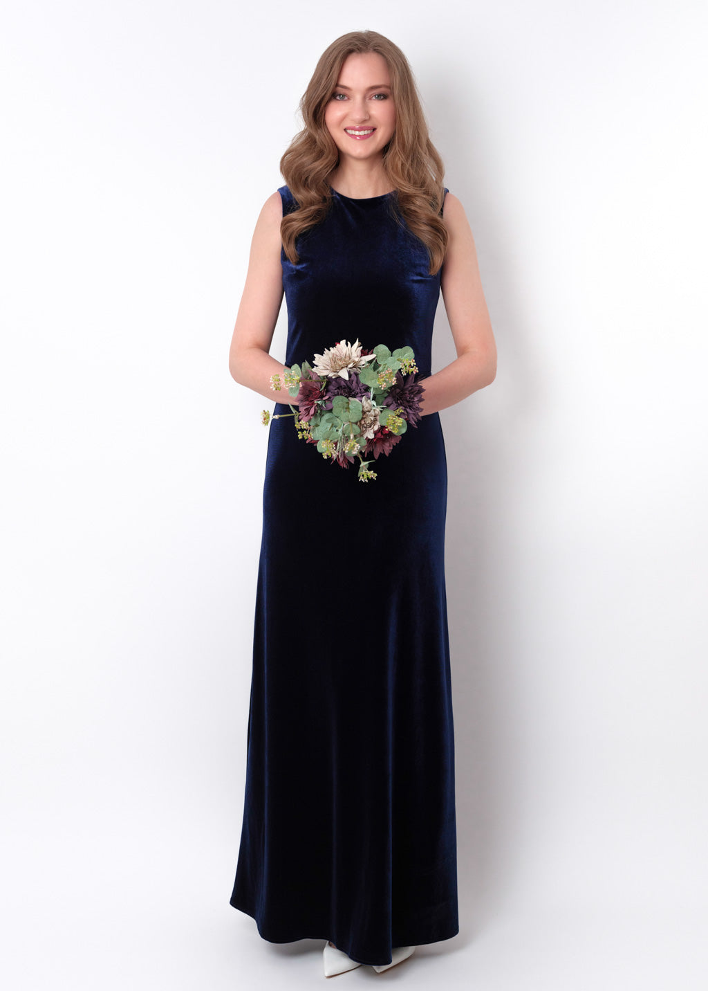Navy blue velvet long pencil dress