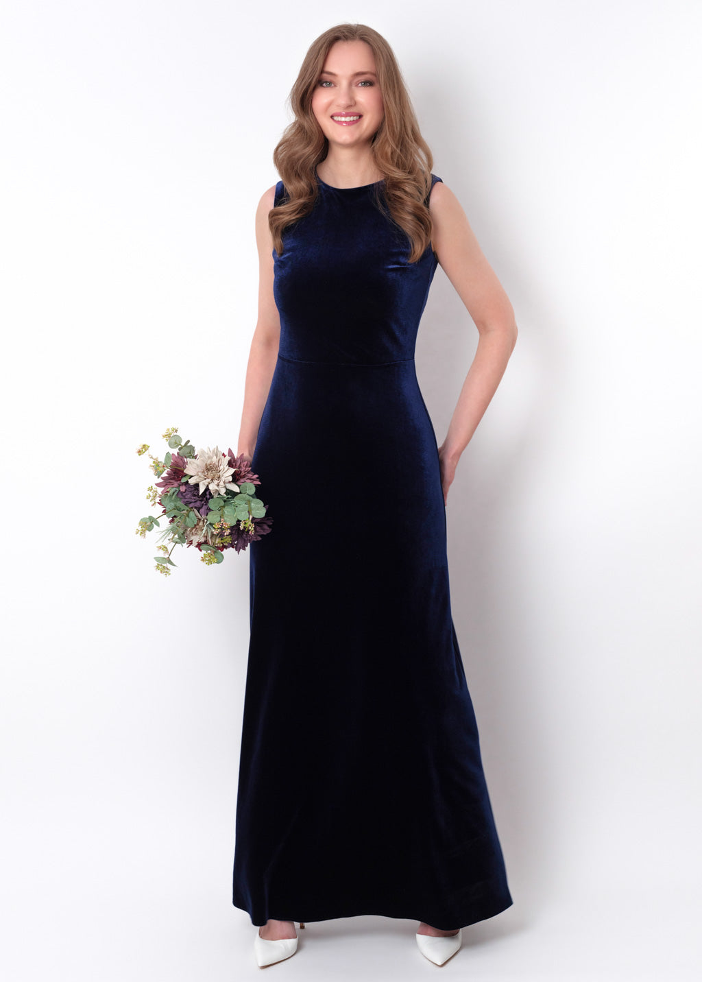 Navy blue velvet long pencil dress