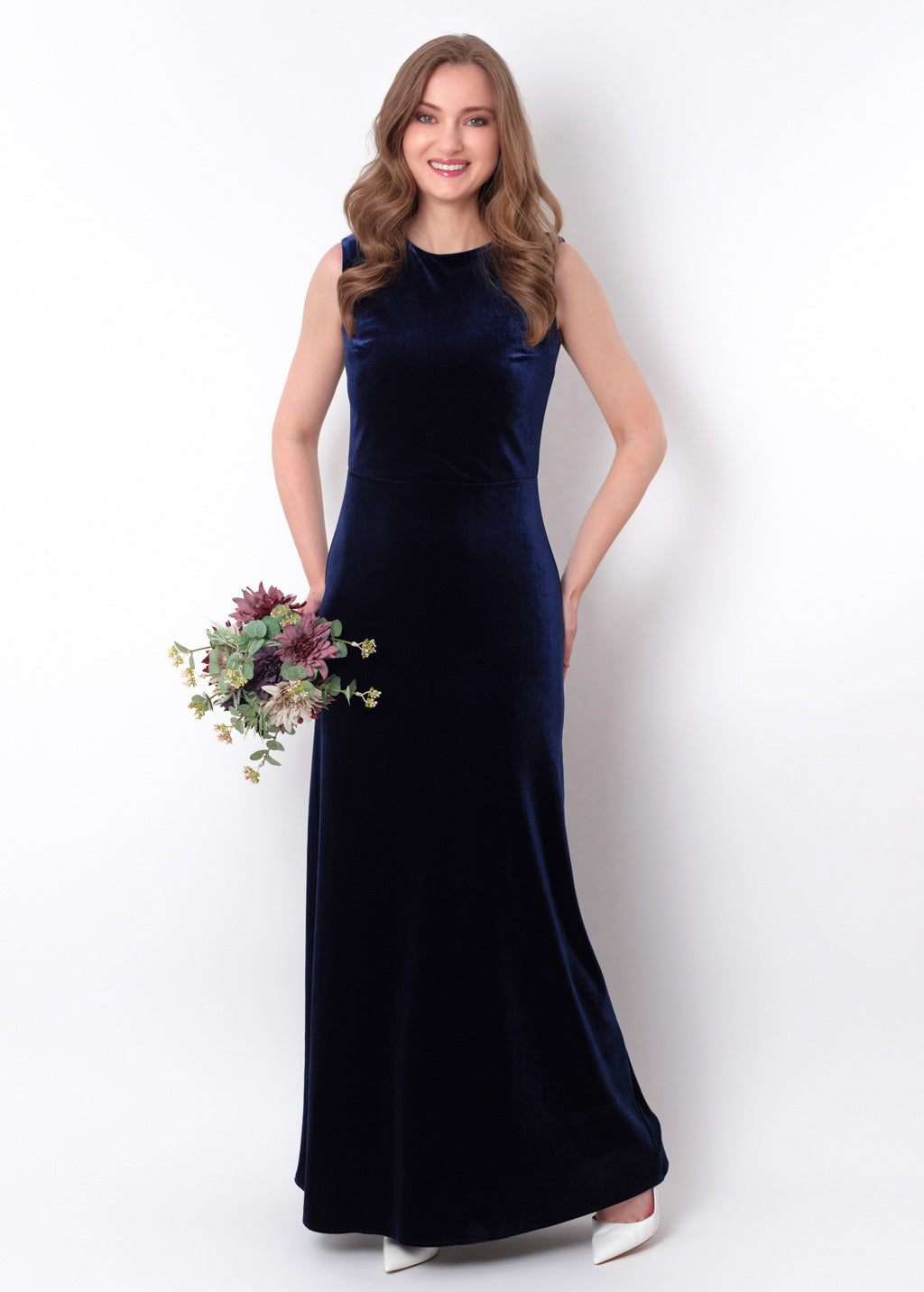 Navy blue velvet long pencil dress
