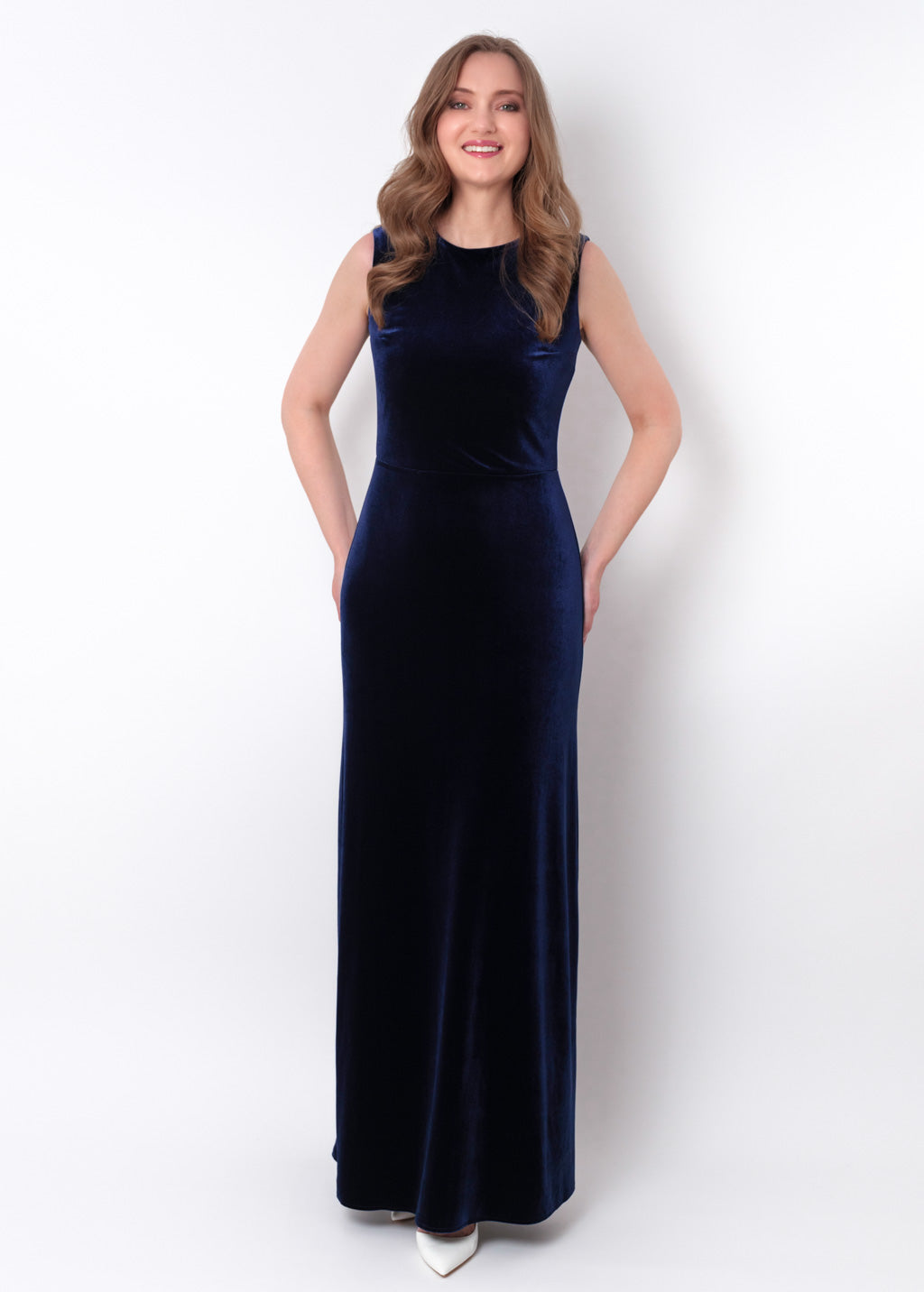 Navy blue velvet long pencil dress