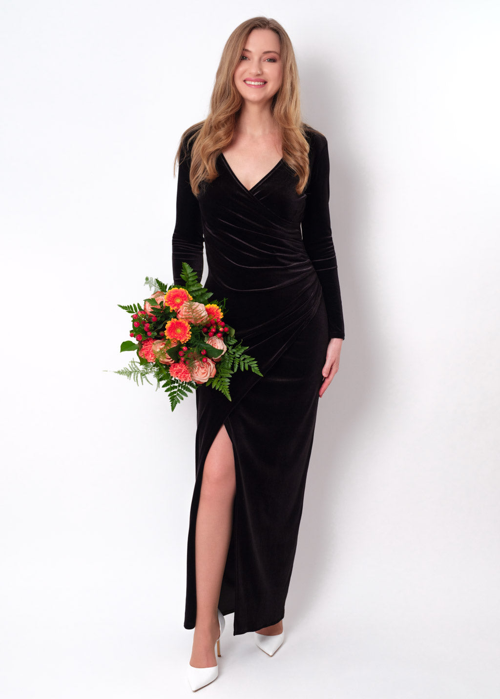 Black long wrap bodycon velvet dress